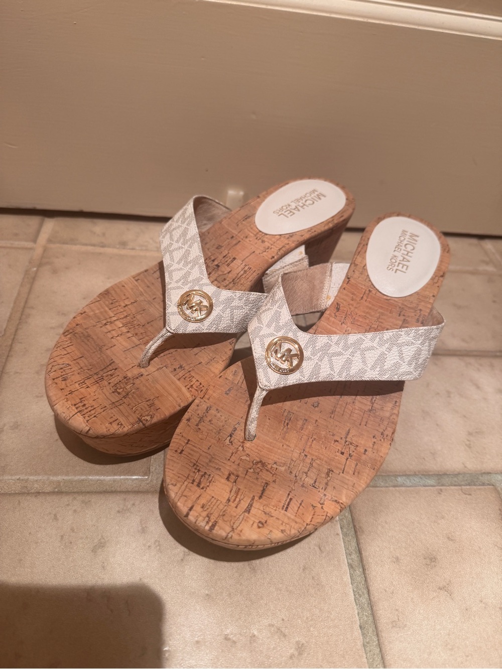 Michael Kors White Logo Thong Cork Wedge Sandals